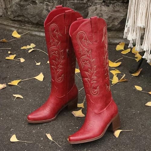 ZJA Women Western Cowboy Boots Knee High Cowgirl Tall Boots with Block Chunky Heel for Casual Rodeo Embroidered Pull On Pointed Toe Morning Glory Boots thumbnail 3