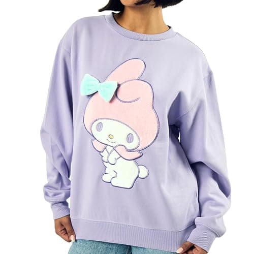Bioworld My Melody Big Face Plush Character Women's Purple Crew Neck Long Sleeve Oversized Fleece Sweatshirt thumbnail 2