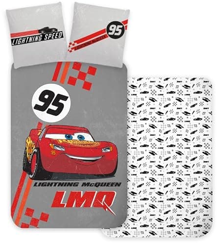Cars Flash McQueen Housse de Couette 140x200 + Taie 60x63 Coton Gris Rouge | Parure de lit réversible 1 personne | Coton naturel respirant Oeko-Tex | Disney Pixar | Garçon 3-10 | Cadeau | Idée cadeau thumbnail 3