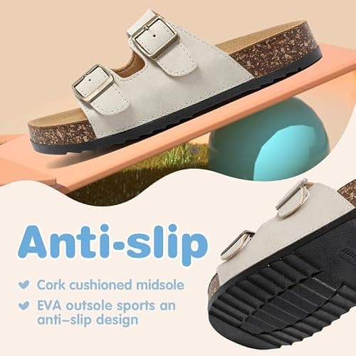 gxziureo Kids Cork Footbed Sandals Girls Boys Adjustable Double Buckle Flat Mules Open-Toe Summer Slides for Kids, Non-Slip EVA Sole Comfort Walking Sandals for Indoor Outdoor Casual Slippers thumbnail 5