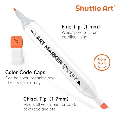 Shuttle Art 206 Colors Alcohol Markers, 204 Colors Dual Tip Art Marker Set Plus 2 Colorless Blender, Micro-tip Pens, White Highlighter Pens, Marker Bag Perfect for Students Adults Coloring thumbnail 3