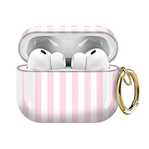 Compatible with AirPods Pro 3 (2025) Case Soft TPU with Cute Golden Keychain Cover Leopard Paint Case for Girls Women for Airpod Pro 3 - Pink Vertical Stripes - Image 1