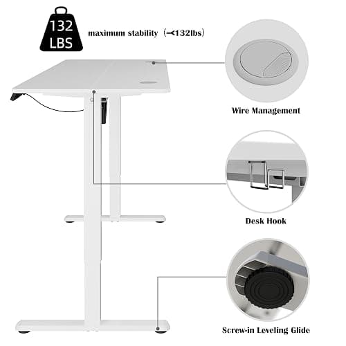 Meilocar Height Adjustable Electric Standing Desk, 55" x 24" Sit Stand Computer Desk with Memory Controller, Home Office Workstation Stand up Desk with Splice Board, White Top + White Frame thumbnail 7