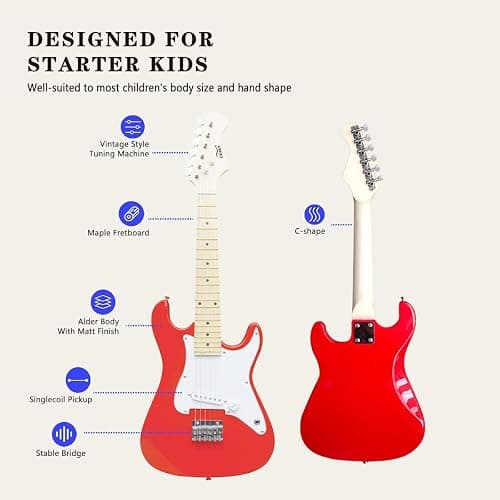 CB SKY 30 Inch Kids Electric Guitar Beginner Kit, Junior Size Mini Electric Guitar for Children with Amplifier (battery/adaptor not included) and Guitar bag, Unisex Red thumbnail 3