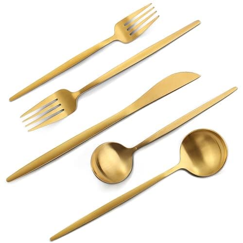 Matte Gold Silverware Set, VANVRO 20-Piece Stainless Steel Flatware Set, Satin Finish tableware Cutlery Set, Service for 4, Home and Restaurant, Dishwasher Safe - Image 1