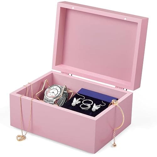 DRASTAR Wooden Box, Small Keepsake Box, Memory Box for Keepsakes, Cute Jewelry Box, Wedding Memory Box with Lids, Pink Decorative Box - Image 1