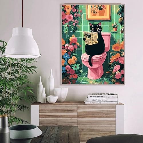 Black Cat Paint by Number Kits for Adults, Cat Sit on Toilet Adult's Painting by Numbers on Canvas, DIY Flowers Acrylic Watercolor Oil Colorful Art Crafts for Adults 16 * 20in thumbnail 4
