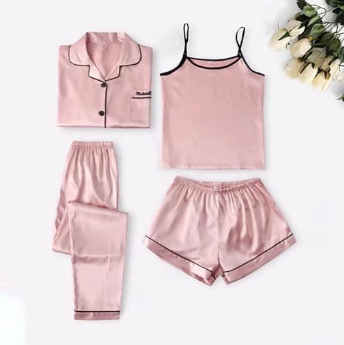 Women's Satin Pajama Set 4pcs Sexy Cami Shorts Set and Button Down Long Sleeve Loungewear Soft Pjs Set Sleepwear Plus Size, D# Pink, XX-Large thumbnail 2