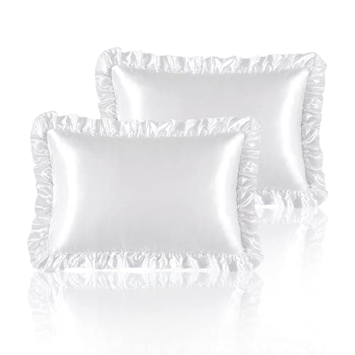 HommxJF Silky Satin Ruffled Pillow Cases for Hair and Skin,White Silk Pillowcases Queen Set of 2 with Envelope Closure Princess Room Decoration - Image 1