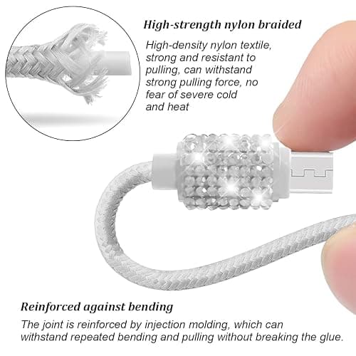 Bling Dual USB Car Charger with 3-in-1 Multi Fast Charging Cable, Dual Port Charger Adapter with Type C Micro USB Cord for iPhone, Android, Rhinestones Car Interior Accessories for Women(White) thumbnail 3