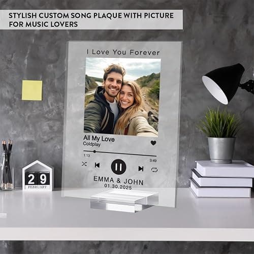Andaz Press Personalized Custom Song Plaque With Picture, Song Picture Frame Custom Music Plaque Glass Acrylic Customized Music Photo Frame with stand, Customized Gifts for Boyfriend Bf Girlfriend Gf thumbnail 3