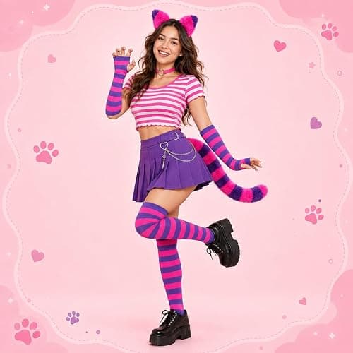 Matiniy Pink Purple Striped Cat Costume With Cat Ears,Furry Tail,Choker,Striped Socks Gloves for Women Halloween Dress up thumbnail 6