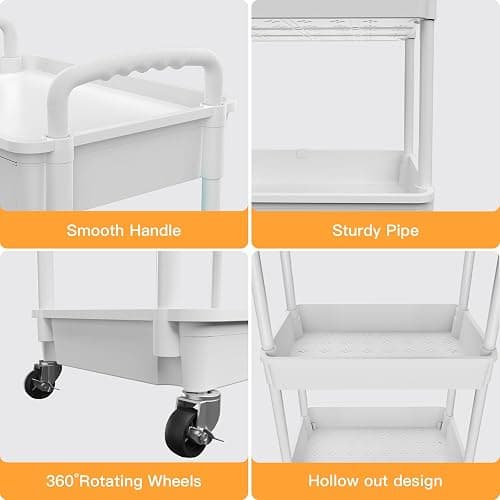 3 Tier Rolling Utility Cart with Drawer,REBECAT Utility Cart Made of Multifunctional Storage Organizer Tool for Kitchen,Bathroom,Living Room,Office(White) thumbnail 4