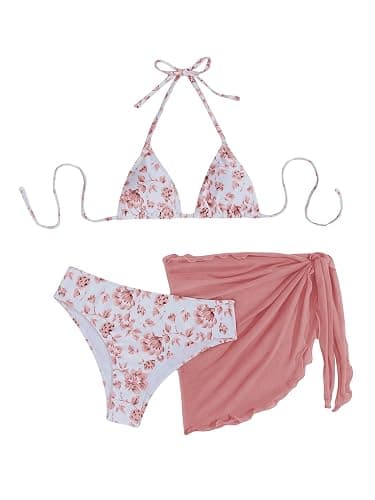 SHENHE Women's 3 Piece Polka Dots Floral Bikini Set with Wrap Coverup Halter Triangle Swimsuits - Image 1