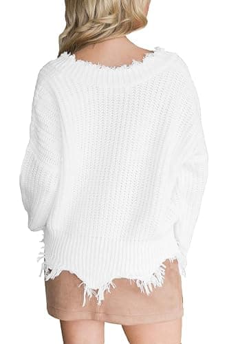 LAMISSCHE Womens Loose Knitted Off The Shoulder Sweater Solid V Neck Long Sleeve Pullover Ripped Crop Top thumbnail 3