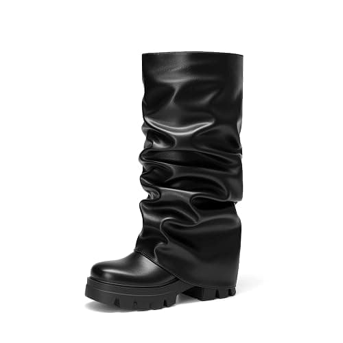 DREAM PAIRS Women's Fold Over Platform Chunky Heel Boots For Concerts Wear Ruched Mid Calf Slouchy Fashion Boots with Wide Calf Fit thumbnail 2