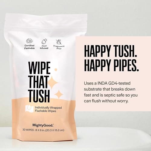 Wipe That Tush On-The-Go Flushable Wipes - 1 Pack of 30 Individually Wrapped Wipes - Fragrance Free - Extra Large & Soft - Hypoallergenic With Aloe & Vitamin E - Septic-Safe thumbnail 6