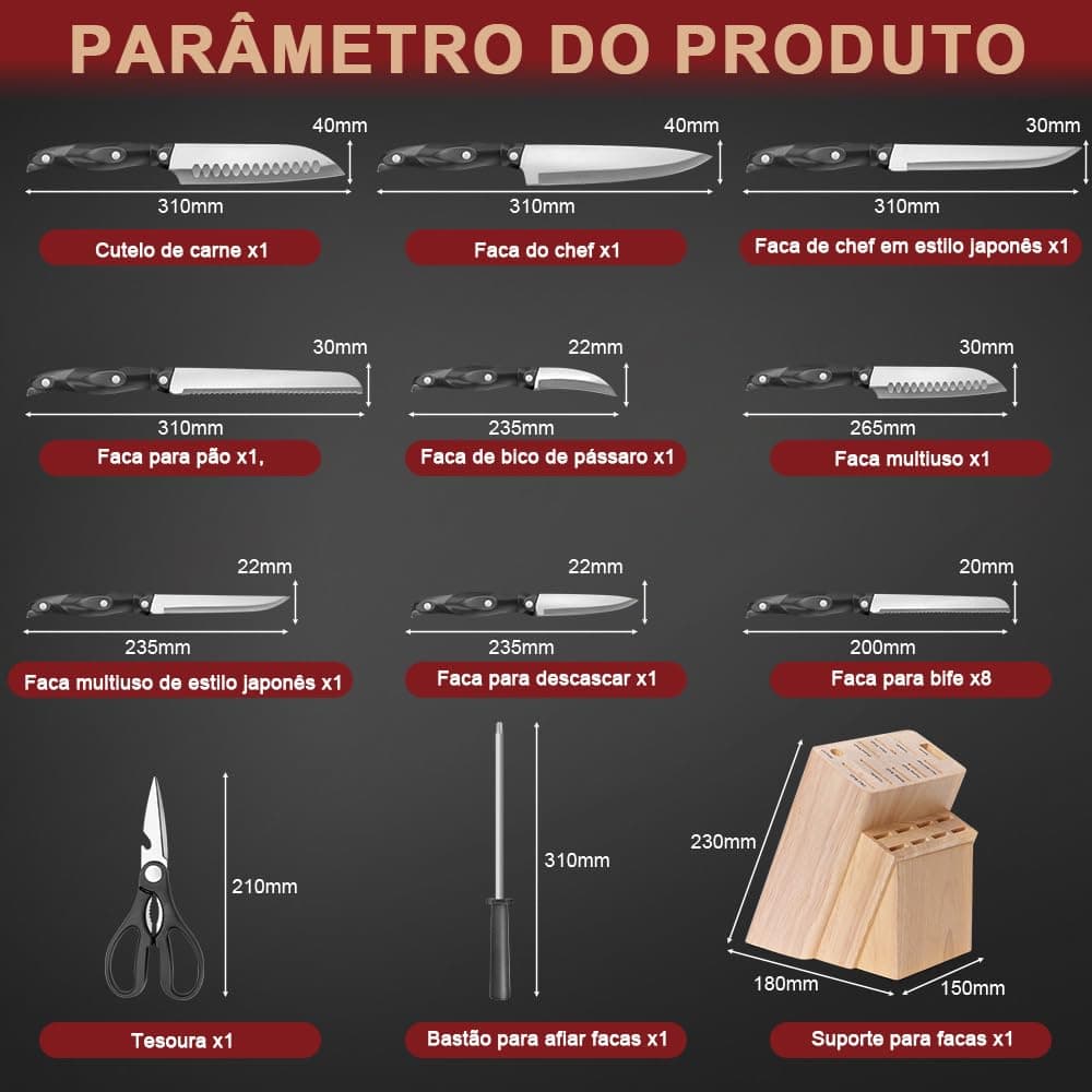 Conjunto de Facas de Cozinha Kitchen Knife Set 19 Pieces Jogo de Facas, Conjunto de 19 Peças Faca, Aço Inoxidável thumbnail 3