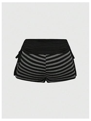 MakeMeChic Women's Punk Grunge Striped Shorts Tie Side Drawstring Low Waist Foldover Mini Shorts thumbnail 2