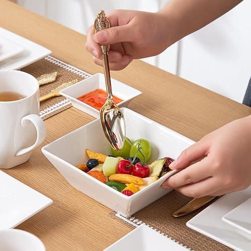 Porlien 16-Piece Classic Square Dinnerware Set for 4-Square Dinner Plates, Dessert Plates, Bowls & Dipping Saucers, Off White Dishes for 4 thumbnail 8