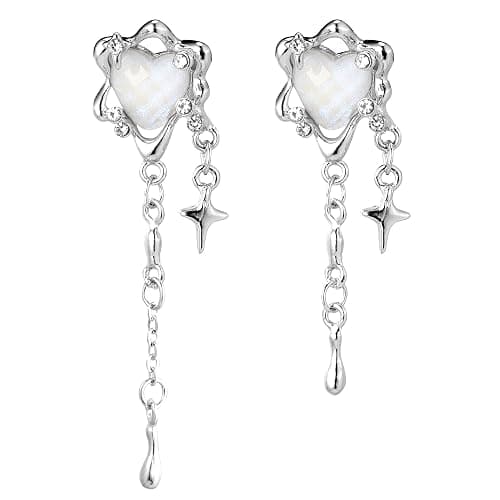 Moonstone Heart Stainless Steel Earrings For Women Teen Girls Tassel Silver Star Dangle Earrings Dangling Y2k Earinging Earrings - Image 1