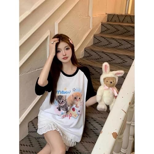 Women's Kawaii Cat Print T-Shirts Cartoon Letter Japan Style Kitten Short Sleeve Cute Print Tops Sweet Girl Y2k Tee Tops thumbnail 7