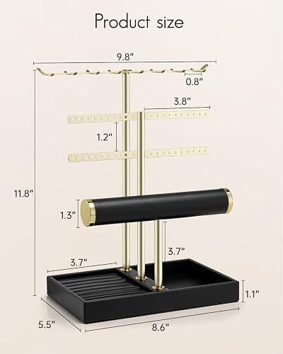 Vlando 3 Tier Jewelry Stand Organizer with Tary, Leather Jewelry Holder Display for Women, Gold Jewlery Holder Display for Necklace, Earring, Bracelet, Rings - Black thumbnail 3