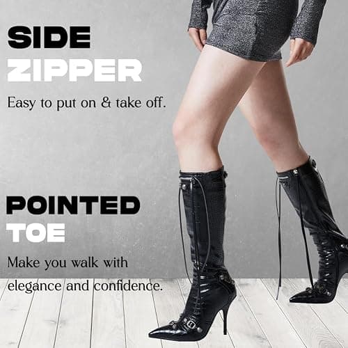 Oiamenne Knee High Boots for Women Fashion Slide Zipper Pointed Toe Stiletto Studded High Heel Rivets Tassel Boots Party Dress Shoes thumbnail 7
