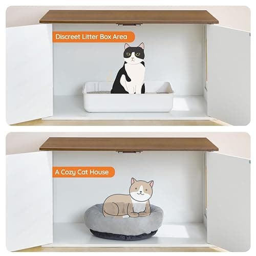HOOBRO Cat Litter Box Enclosure with Cute Cat Patterns and Arched Entrance, Hidden Litter Box Enclosure Furniture, 31.3"L x 17.7"W x 17.3"H, Litter Box Cabinet, Side Table, White and Walnut WH08MW01 thumbnail 8