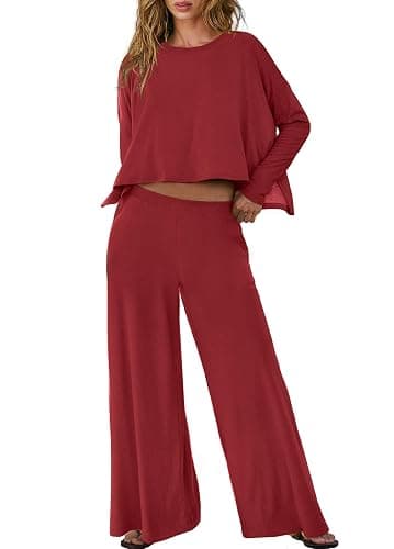 Panadila Womens Oversized Lounge Sets 2 Piece Matching Pajama Sets Long Sleeve Crop Top and Wide Leg Pants with Pockets - Image 1
