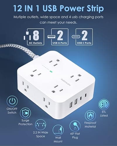6Ft Surge Protector Power Strip with USB C, HANYCONY Extension Cord with 8 Outlets(2.2 IN) 4 USB Ports(2 USB C), Flat Plug, Wall Mount, 3 Side Outlet Extender for Home Dorm Room Essentials, ETL Listed thumbnail 2