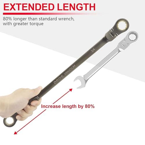 6-Piece Extra Long SAE CR-V Steel Flex-Head Ratcheting Wrench Set, Double Box End Wrench Set with Pouch thumbnail 4