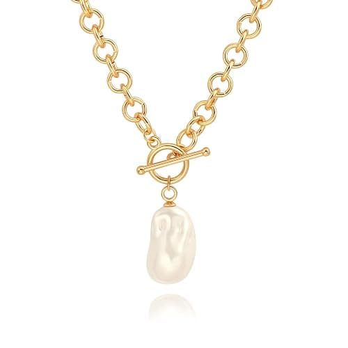 18k Gold Plated Chain Link Necklace for Women, Baroque Pearl/Compass Pendant Necklace - Image 1