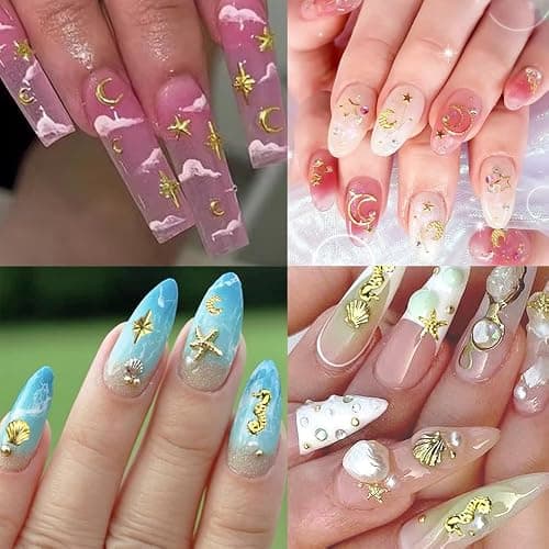 Gold Nail Charms, 2Boxes Gold Star Ocean Nail Gems Charms, Metal Small Star Moon Seashell Starfish Summer Charms for Acrylic Nail Art Alloy Nail Rhinestones for Women DIY Accessories thumbnail 3