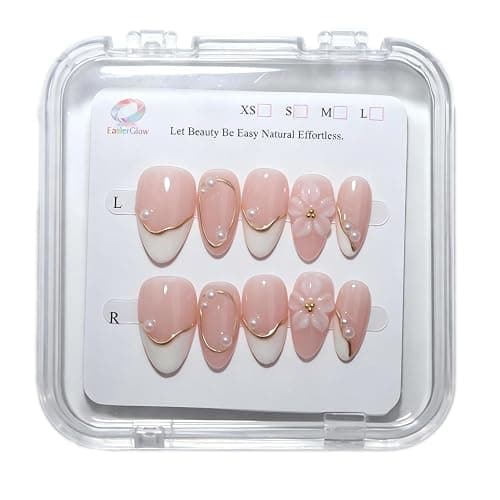 EasierGlow 10 Pcs Handmade Short Almond Press On Nails - Easy Apply & Remove, Reusable Salon Quality | Pink French Press Ons with 3D Flower, Gold Line & Pearl Accents (1TA25, S) thumbnail 4