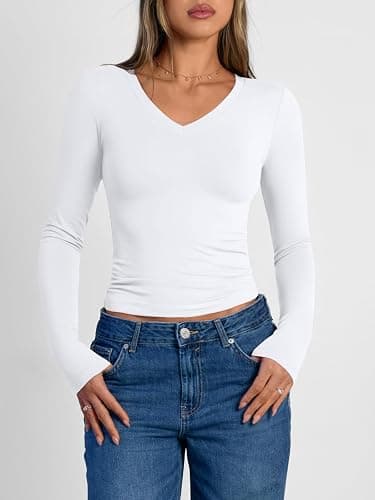 Trendy Queen Long Sleeve Shirts for Women 2025 Fall Fashion V Neck Basics Crop Tops Slim Fitted Y2K Tops Outfits Clothes thumbnail 2
