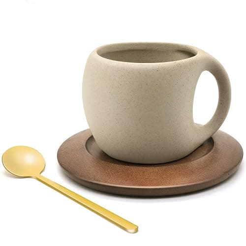 Ceramic Coffee Mug Set with Natural Wood Saucer & Spoon - 8.5 Oz Elegant Tea Cups for Latte, Hot Tea, Cappuccino, Milk - Microwave & Dishwasher Safe Cups for Men Women Birthday Christmas Gifts - Image 1
