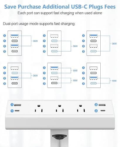 Jgstkcity Desk Clamp Power Strip,40W Total Fast Charging Station,2 PD 20W USB C Ports,Desk Edge Mount Surge Protector for Home, Office,3 Outlets,Fit 1.96" Tabletop Edge,ETL Listed,White thumbnail 4