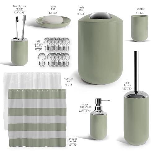Clara Clark Bathroom Set - Sage Green Bathroom Accessories Set, 20PC Bathroom Accessory Set, Shower Curtain Set with Liner, Toothbrush Holder, Soap Dispenser, Soap Dish, and Toilet Brush Holder thumbnail 3