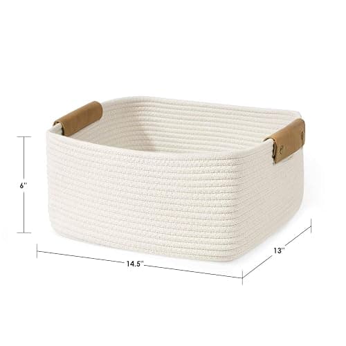 Cherrynow Square Woven Storage Basket for Shelves,Books,Cotton Rope Basket,Cube Storage Bin for Baby Toy,Towel,Magazine Basket,Home Décor White thumbnail 3