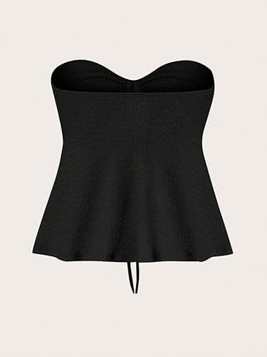 Milumia Women Tie Front Ruched Tube Top Strapless Flared Hem Peplum Bandeau Tops - Small - Black thumbnail 2