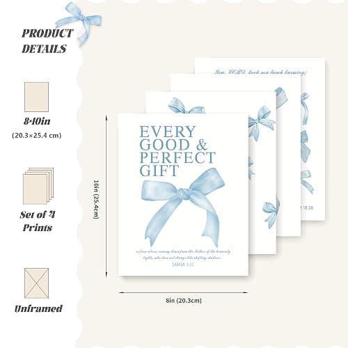 LARTSFRO Coquette Blue Bow Wall Art Decor Posters, Baby Blue Bow Room Bedroom Bathroom Dorm Wall Art Decor Aesthetic for College Teen Girls Gifts, Inspirational Bible Verses Bow Wall Decor, 10x8 Inch Set of 4 Pcs Bow Pictures (UNFRAMED) thumbnail 2