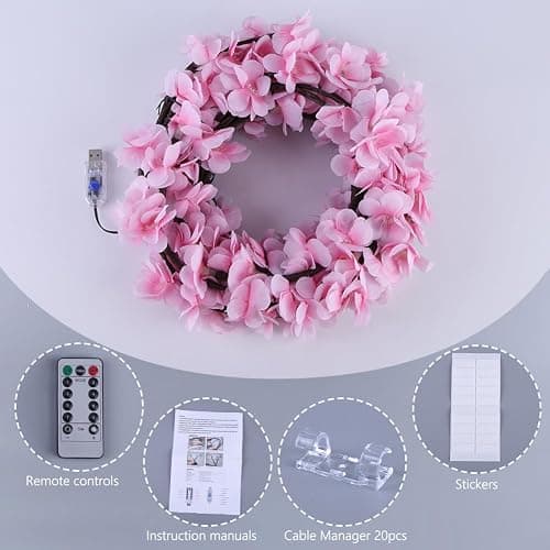 Cherry Blossom Lights with Bendable Branches for Bedroom Wall Decor | 7.55 ft, 144 LEDs, USB powered, remote control, timer, 8 modes, pink blossoms, living room, wedding and holiday decor thumbnail 8
