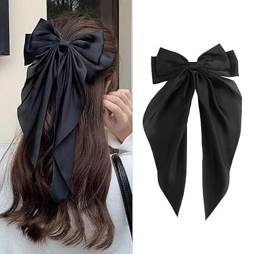 FYIMUYI Silky Satin Oversized Long-tail Bow Clip, Large Black Hair Bow for Women Girl, Hair Accessories with Long Tail, 1Pcs - Image 1