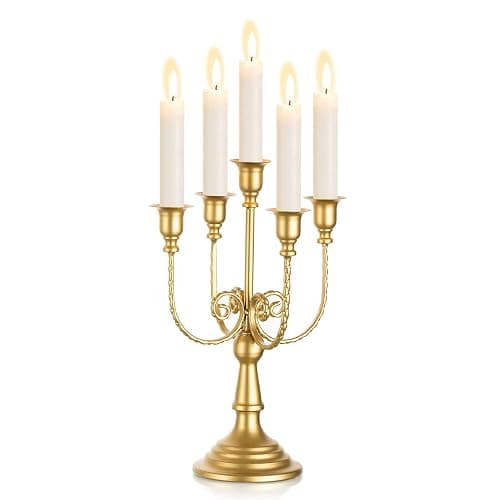 Sziqiqi Gold Candelabra Candle Holders for Wedding Christmas, 5 Arms | 11.6in Tall, Easy Assembly, Vintage Metal Candlestick Holder for Wedding Table Centerpiece, Party Dining Table, Mantel Decor - Image 1