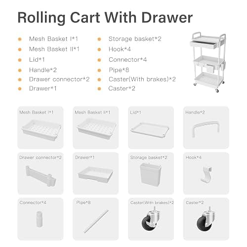 3 Tier Rolling Utility Cart with Drawer,REBECAT Utility Cart Made of Multifunctional Storage Organizer Tool for Kitchen,Bathroom,Living Room,Office(White) thumbnail 5