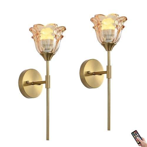 XIYOUVE 2 Pack Battery Operated Wall Sconce with Amber Glass Shades, Wireless Rechargeable RGB Wall Light with Remote Control, for Bedroom Mirror Living Room, ETL Listed - Image 1