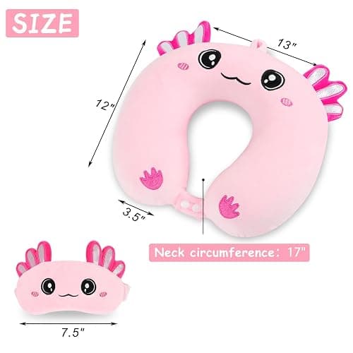 Travel Pillow, Kids Travel Pillow with Sleep Eye Mask Soft Memory Foam Kids Neck Pillow for Boys & Girls, Travel Accessories for Car Airplane Traveling - Axolotl thumbnail 2