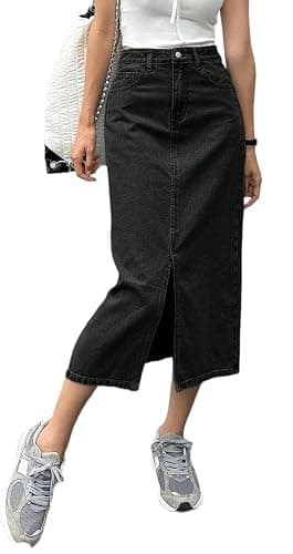 Womens Casual Slit Denim Midi Jean Skirt Stretch High Waist Frayed Button Up with Pockets - Image 1