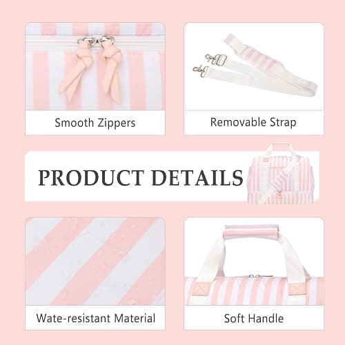 Bosidu Stripe Weekender Overnight Bags for Women - 2Pcs Carry On Travel Duffle Bag with Shoe Compartment - Pink thumbnail 6